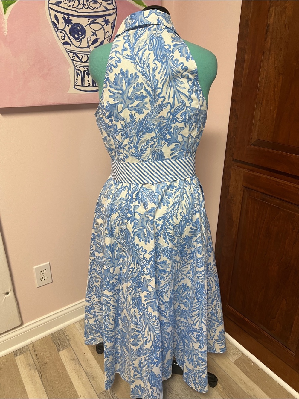 Lilly Pulitzer Blue and White Sleeveless Midi Dress with Striped Waist Tie - Picture 3 of 5